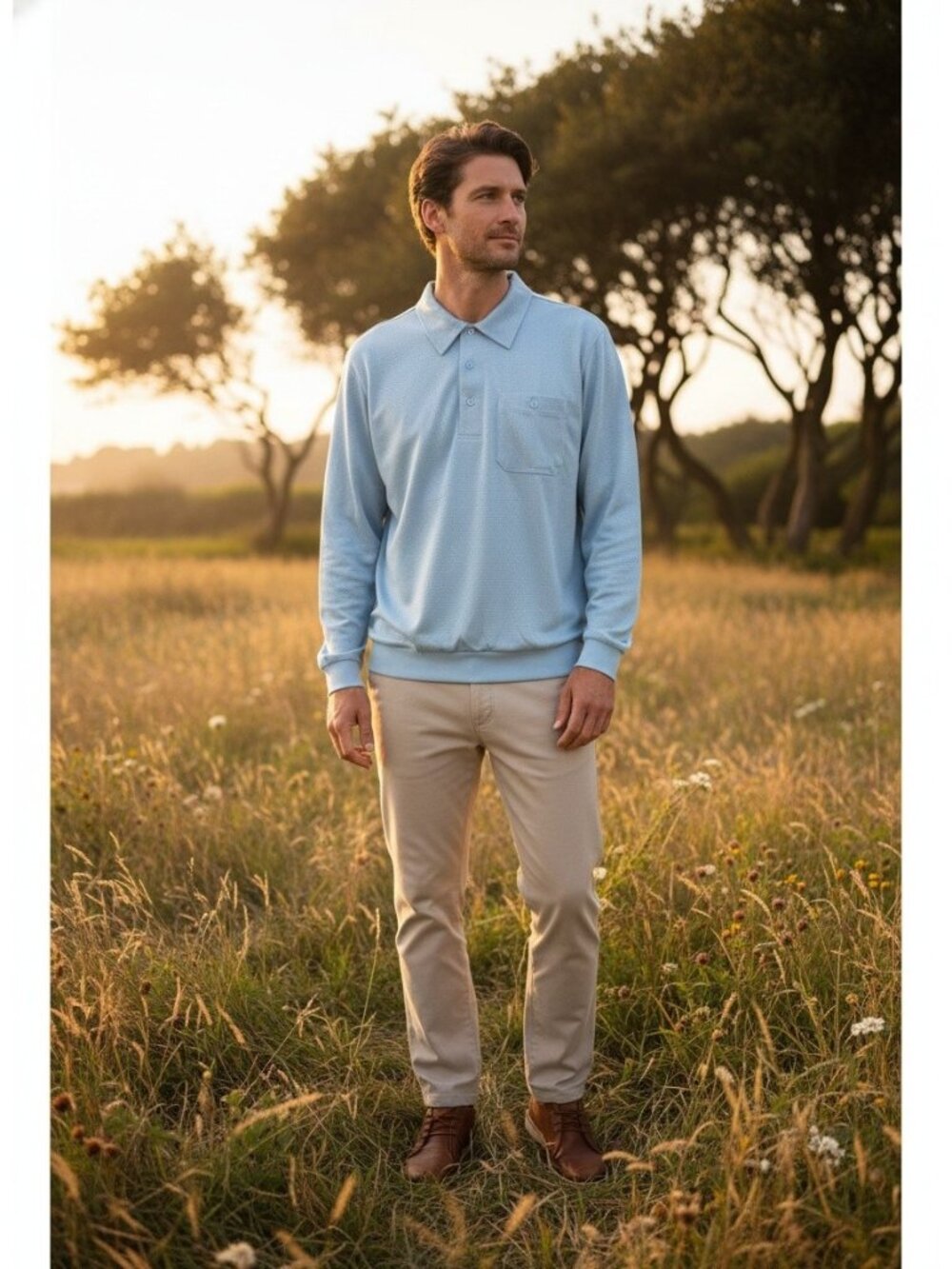 Haband Mens Long Sleeve Polo Shirt Blue Textured Ribbed Cuffs & Hem Vintage